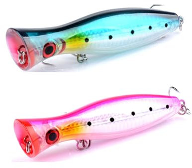 2PCS 40.3g Angellocher, Schwimmende Loder Popper Köder Topwater Angellocher Große Popper Angellocher Salzwasser Angeln Künstliche Harte Loder Bass Thunfisch Popper Loder für Bass, Pike (Rosa + Blau)