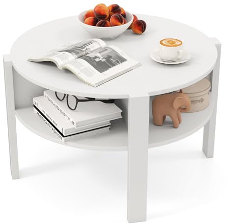 COSTWAY 74cm Round Coffee Table, 2-Tier Cocktail Center Accent Tea End Sofa Side Table with 4 Open Storage Shelves for Living Room Bedroom Office (White)