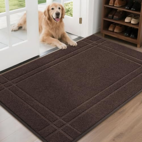 JSEI Entryway Rugs Doormat 32x48, Non-Slip Dirt Trapper Door Mats Indoor, Washable Absorbent and Stain Resist Welcome Floor Mat for Front Door, Dog Door Mat, Dirty Wet Shoes & Paws, Brown