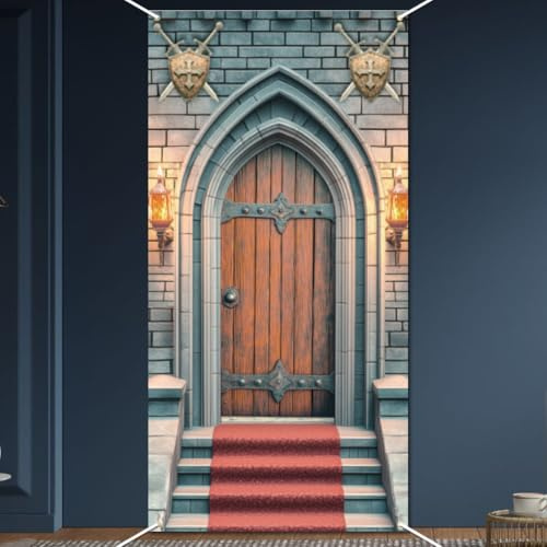 WADORN Schlosstürabdeckung Banner, 90x180cm Mittelalter Party Banner Hintergrund Gewölbte Tür Fenster Steinmauer Hintergrund Hängende Türdekorationen Zubehör Für Mittelalter Partys Geburtstagsfeiern