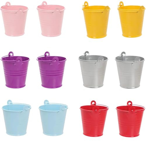Hunphy 12 Pièces Petits Seaux en Métal avec Poignée, Mini Seau Métal Coloré, Pots de Fleurs Seau à Fleurs Suspendu, pour Les Plantes, Le Stockage ou la Décoration de Mariage
