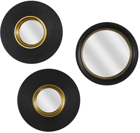 HowHomely | Wandspiegel 3er Set – 3 Spiegel 25x25 cm, schwarz-Gold, rund, modern, Dekospiegel für Wohnzimmer, Flur, Schlafzimmer, Wanddeko