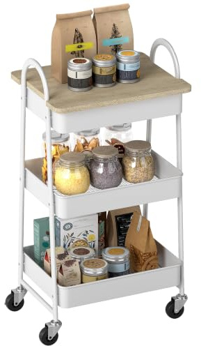 HOMCOM 3-Tier Storage Trolley with Covered Top Board White/Oak | Metal Rolling Utility Cart, Mesh Baskets, Kitchen Living Room Dining Room Bedroom Bathroom Office Entryway