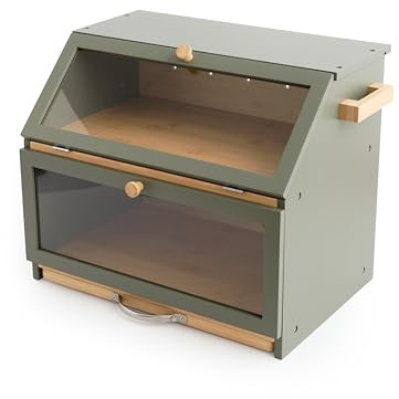 Bamboo Bread Bin 2-Tier Bread Box With Cutting Board And Knife Holder Naturally Antibacterial Sustainable Eco Friendly Storage Box Organic Premium Kitchen Organiser Double Decker (Olive)