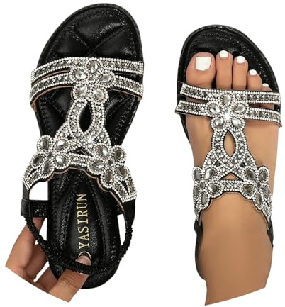 Sandales Femme Été Confortable Nu Pieds T-Strap Bride Élastique Cheville Ouvert Bout Chaussure Plage Strass Cristal Florals Casual Femmes Habillées Plat Fleur Cuir Bohème