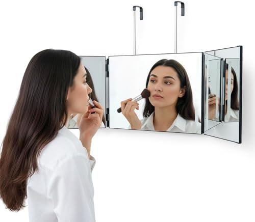 ARATERVIO 360° Dreifach Kosmetikspiegel mit verstellbarem Haken, Trifold Spiegel 3-Fach, Höhenverstellbar, tragbarer Schminkspiegel für Haarstyling, Rasieren & Make-up (Ohne Beleuchtung)