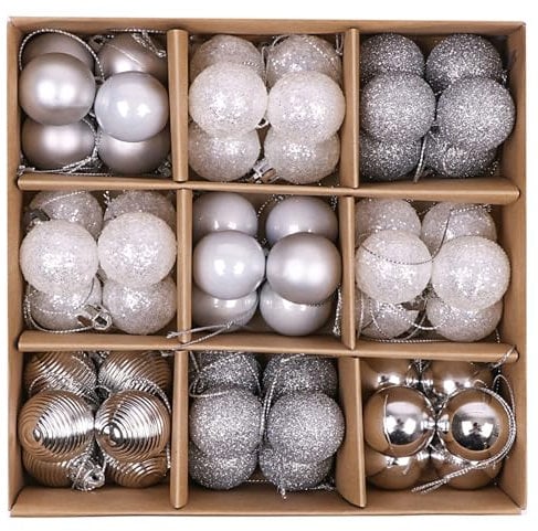 Victor's Workshop 54pcs 3cm Shatterproof Baubles, Frozen Winter Silver and White Ball Ornaments for Christmas Tree Decoration