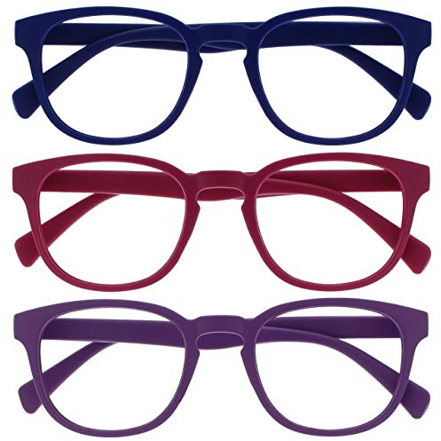 OPULIZE Pop Lesebrille 3er Pack Keck Rund Matt Rahmen Federscharniere Kratzfest Blau Rosa Lila Herren Damen RRR2-345 +3.00