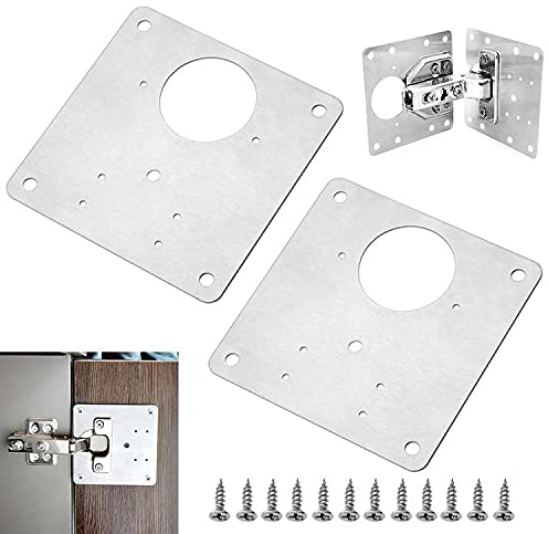 Allbor 2 Pièces Plaque de RéParation de CharnièRe avec Trou, Plaque de Réparation de Charnière D'armoire avec Vis, Plaque Fixe en Acier Inoxydable Kit de Réparation de Charnière, 9 x 9 Pouce