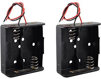 HALJIA 2PCS 2 x 1.5V C Battery Holder Case, 3V Plastic Battery Storage Box with Wire Lead, 2 Slots Battery Box Black