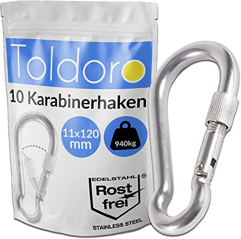 Toldoro® 10x Edelstahl Karabiner mit Schraubverschluss 120mm Rostfrei - NIRO AISI 316 V4A / Karabinerhaken Klein für Schaukel, Hängematte oder Sonnensegel/Schraubkarabiner/Karabiner Set