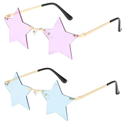 Tomaibaby 2 Paare Stern Sonnenbrille Stern Randlose Brille Pentagramm Funky Sonnenbrille Bunte Disco Gläser für Cosplay Party Festival