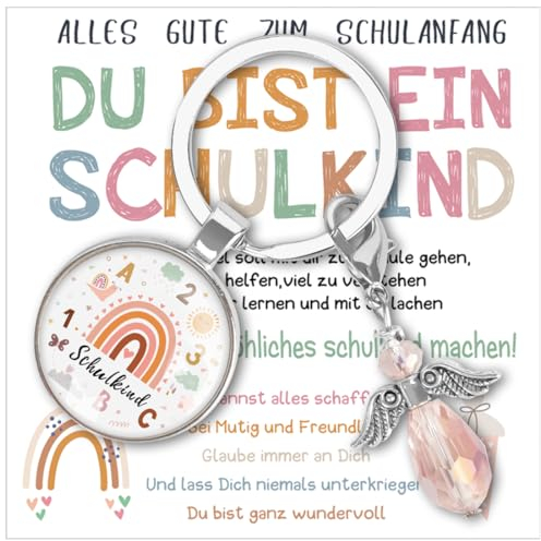 Einschulung Mädchen Geschenk, Schutzengel Schultüte Schlüsselanhänger, Rosa Schulkind Schultüte Füllung, Schulanfang Glücksbringer Geschenke, 2024 Erster Schultag Mutmacher Plus Grußkarte Kinder