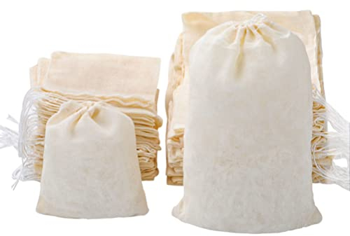 60Pcs Sachets en Mousseline de Coton, 8x10cm et 10x15cm Sachets thé Réutilisable avec Cordon de Serrage Sac de Thé Coton pour Cuisson Thé Café Herbes Epices Trempage