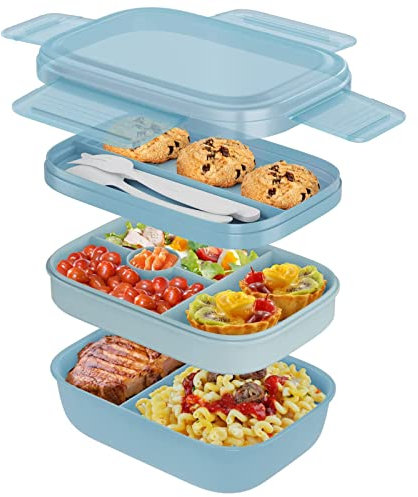JORTINE Brotdose mit Fächern Erwachsene,1900ML Lunchbox Erwachsene mit 5 Fächern Brotzeitbox Nachhaltig,Jausenbox mit Besteck,BPA-frei Lunch Box für Erwachsene/Kinder Schule Picknick Reisen(blau)