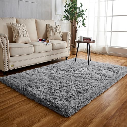 Achiiso Teppich Grau,Hochflorteppich-Flauschiger Schlafzimmer Teppich Weicher Anti-Rutsch Wohnzimmer Teppich (Grau,90 * 160 cm)