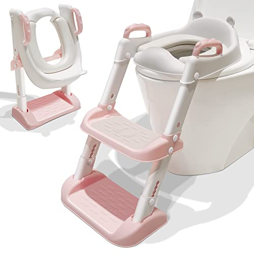 Rehausseur Toilette Enfant Chaise De Toilette Pour L'apprentissage Des Tout-Petits, Confortable, Sûre, Coussinet Antidérapant Avec Poignées, Hauteur Réglable, Tabouret Pliable, Rose