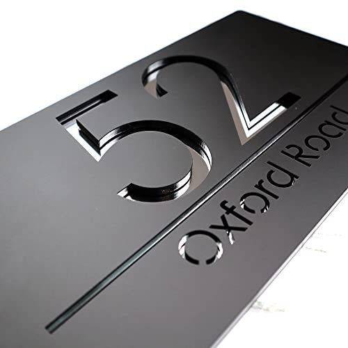 K Smart Sign | Bellissima A4 F31 | Matt Black Personalised House Signs Laser Cut 3d Door Numbers Street Address Number Plaques | 300mm x 160mm (Matt Black & Silver Mirror)