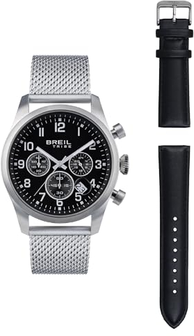 Breil, Collezione Grid, Cronografo, Orologio Uomo con Cinturino Intercambiabile, con Cassa in Acciaio 42Mm, Bracciale in Acciaio con Maglia Mesh e Cinturino in Eco Pelle Nera di Ricambio, Special Pack