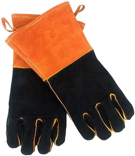 Gants de la chaleur de soudage électrique, gants résistants au feu, cuir en cuir résistant au feu / chaleur ,UN BARBECUE/ Gants de camping / cuisson avec lonyard, gant du support de pot de poêle à che