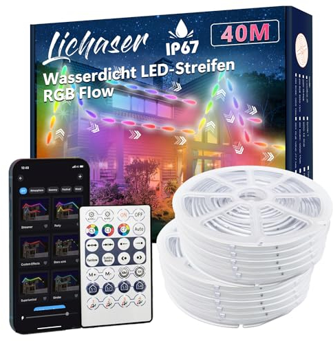 Lichaser 40m RGB+IC Outdoor LED Strip Wasserdicht DIY, Verfolgen, Segmentieren von LED-Streifen mit BT App und RF Fernbedienung für den Außenbereich