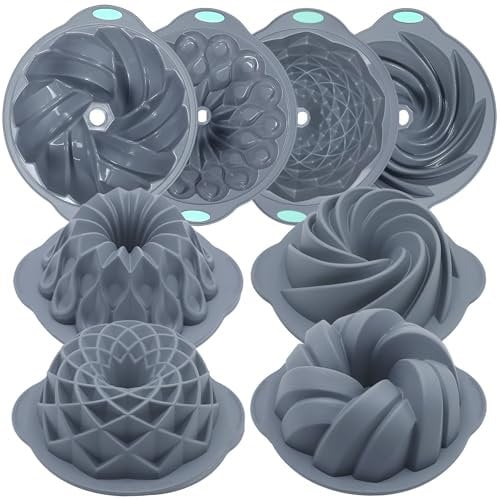 Tongjude 4 Stück Silikon Riffelkuchenformen, 10/12 Tassen Rohr Backform, Antihaft-Küche Ofen Backformen, Silikonformen für Hausgemachte Kuchen, Brot und Jello, Grau
