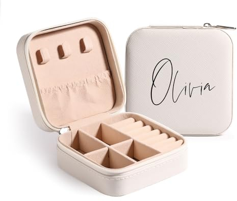 MeMeDIY Personalisierte Schmuckschatulle mit Namen/Blume Individuelles Leder Reise-Schmuckkästchen Schmuck-Organizer-Box Hochzeit Brautjungfer Geschenke für Frauen und Mütter C2-Weiß