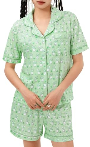 Achlibe Sommer-Pyjama für Damen, niedliches Y2K-Grafikdruck, kurzärmelig, Hemd und Shorts, Pyjama-Set, Nachtwäsche, A-grün, 36