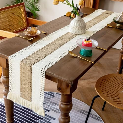 W&H Boho Tischläufer, 30x240cm Boho Deko, Tischläufer Beige Makramee mit Quasten, Waschbar Tisch Table Runner, für Küchen Dekor,Hochzeit,Partys,Esszimmer Dekorationen