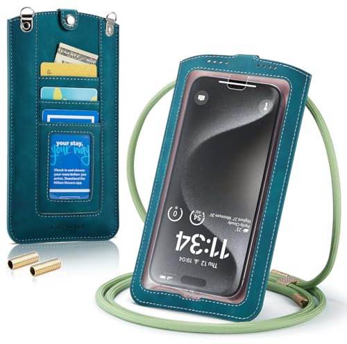 Casecond Uomo Donna Borsa a Tracolla per Mini Cellulare Piccola Borsa per Universale Telefono Portatile Messenger con Slot Carte Touch Screen per iPhone 16 Pro Max Samsung Xiaomi Fino a 7.5 Blu-verde