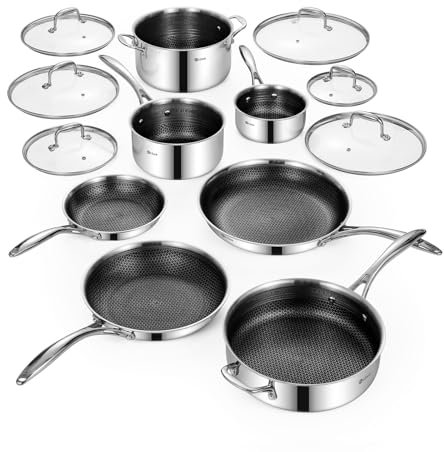Deluxe 13 Piece Nonstick Hybrid Stainless Steel Cookware Set-5 Piece Frying Pan Set, 6 Piece Pot Set, 3.7QT Deep Sauté Pan&Lid, Induction Ready, Stay Cool, PFOA Free Compatible with All Cooktops