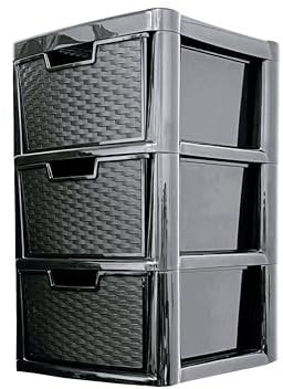SIDSONS Large Plastic Rattan Style Storage Drawer (Rattan/Black, 3 Tier)