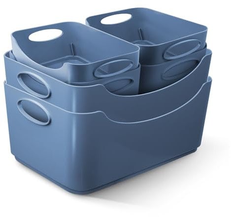 KEPLIN Plastic Studio Basket - Container Boxes for Storage Organising in Home or Office - Suitable for Shelfs Drawers Laundry Cupboard (Blue, Set of 6)
