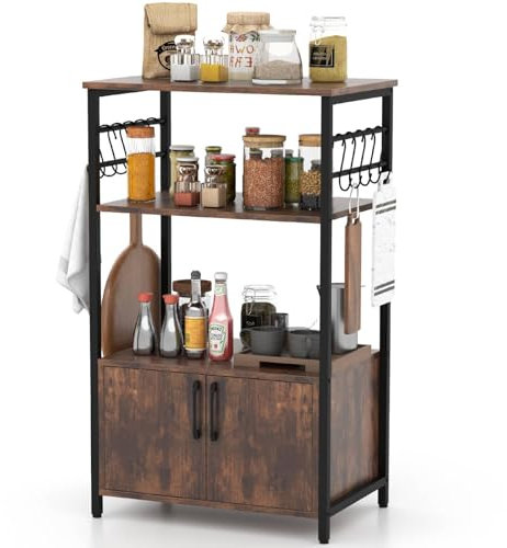 COSTWAY 3-Tier Kitchen Baker's Rack, Microwave Oven Stand Organizer with Open Shelves, Cabinet, 10 Removable Hooks & Anti-toppling Device, Free Standing Utility Storage Shelf for Dining Living Room