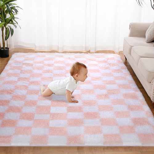 Superweicher Teppich für Schlafzimmer, 90 x 150 cm, Rosa und Weiß, klassisch, kariert, zottelig, rutschfest, Hochflor, weich, flauschig, flauschig, Teppich für Wohnzimmer, Schlafzimmer, Kinderzimmer