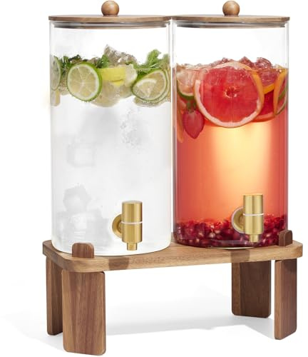 2 PCS 1.5 Gallon Drink dispenser, Glass Beverage Dispenser With Wood Stand, Large Water Drink Dispensers for Parties With Stainless Steel Spigot, Ideal for Lemonade,Juice, Tea, and Party Drinks