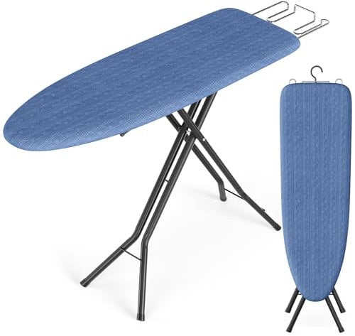SONGMICS Asse da stiro pieghevole, altezza regolabile fino a 89 cm, con copertura a 4 strati e cuscinetto, poggia ferro, gancio, gambe a X in acciaio, per casa, lavanderia, dormitorio, blu notte
