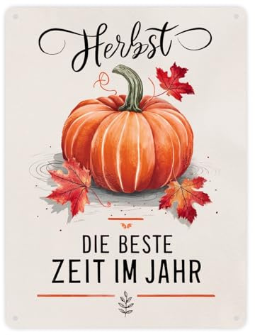Herbst, die Beste Zeit Metallschild XXL in 28x38 cm mit Kürbismotiv Perfekt für den Herbst Illustration in Rottönen und Orange mit Kürbis und Herbstblättern in eleganter