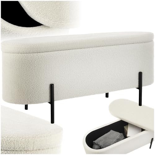 tectake® Sitzbank mit Stauraum, Truhe mit Deckel, Polsterbank Sitztruhe als Bettbank mit Stauraum, Aufbewahrungskiste, Sitztruhe mit Stauraum, gepolstert, mit Bouclé Stoff im Scandi Style