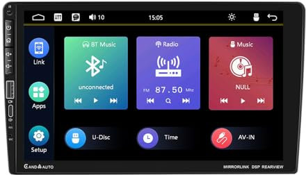 Autoradio CarPlay 1 Din avec Carplay et Android Auto, Écran Tactile HD 9 Pouces, Bluetooth, FM, SWC, Caméra de Recul AHD, Télécommande et Micro