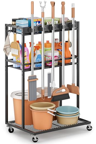 Broom Holder with Cleaning Supplies Organizer, Broom Closet Storage Cabinet with Mop Hanger Gripper Rack Hooks, Cleaning Housekeeping Janitorial Cart with Cleaning Caddy, Laundry Room Organization