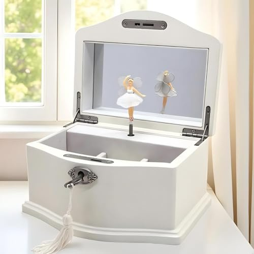 Lihou PapaQ Weiße Ballerina-Schmuckschatulle für Mädchen, Holz-Schmuckaufbewahrung mit Spiegel und Schloss, drehende Ballerina-Spieluhr, Schwanensee-Melodie ideales Geschenk für Weihnachten und alle