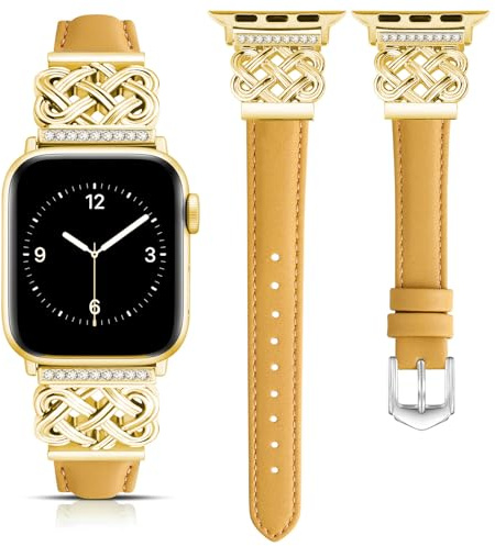 DEALELE Strap Compatible with Apple Watch 42mm 41mm 40mm 38mm, Bling Chinese Knotr Soft Leather Bands for iWatch 11/10 / 9/8 / 7/6 / 5/4 / 3 / SE for Women Men, Yellow-gold