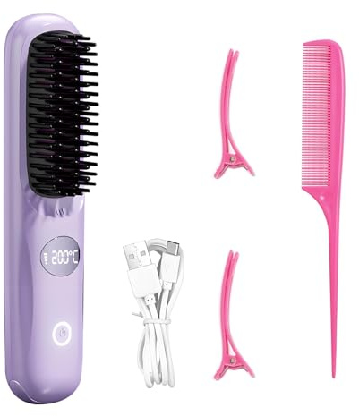 QUMOX Brosse lissante sans fil, brosse lissante portable pour le voyage, mini peigne lissant ionique chaud pour femme, revêtement céramique, légère pour les retouches, violette (chargeur non inclus)