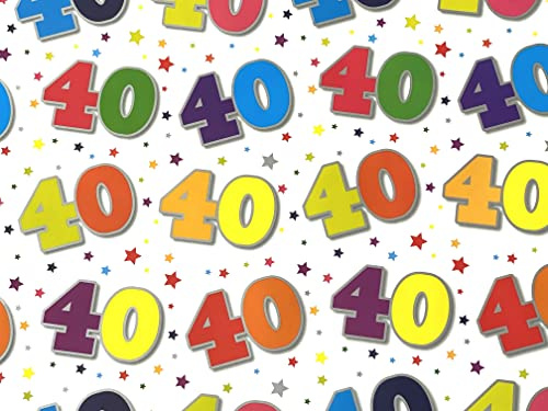 40th Birthday Wrapping Paper, 2 Sheets and 1 Matching Tag (White)