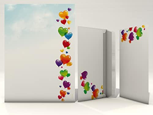 Liebe Luftballons Gute Laune Briefpapier Set Love is in the Air, 200-teilig mit 100 Blatt Motivpapier DIN A4, 90g/qm und 100 passenden DIN LANG-Briefumschlägen