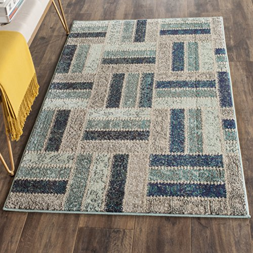 SAFAVIEH Boho Teppich für Wohnzimmer, Esszimmer, Schlafzimmer - Monaco Collection, Kurzer Flor, Grau und Blau, 91 X 152 cm
