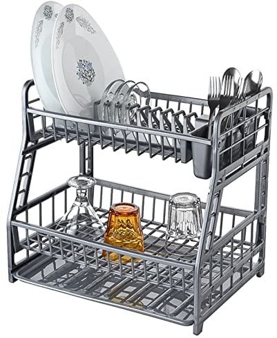 2 - Tier Dish Drainer Plate Rack Cup Cutlery Holder Plastic Dish Rack (Silver)