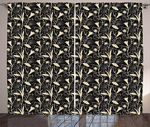 ABAKUHAUS Jugendstil Rustikaler Gardine, Mutter Natur Blüten, Schlafzimmer Kräuselband Vorhang mit Schlaufen und Haken, 280 x 245 cm, Schwarz Elfenbein