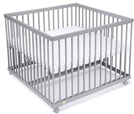 FabiMax Baby Laufgitter 100x100 Grau lackiert, stufenlos höhenverstellbar, mit Schlupfsprossen, Laufstall aus massivem Buchenholz (Matratze Air)